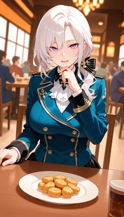 best quality, masterpiece, absurdres, 1girl, solo, (large_breasts:1.2), purple_eyes, (white_hair:1.0), hair_ornaments, tall, long_hair, black_skirt, blue_coat, double_breasted, ascot, brooch, long_sleeves, flower_hair_ornament, (low_ponytail:1.0), elegant,...