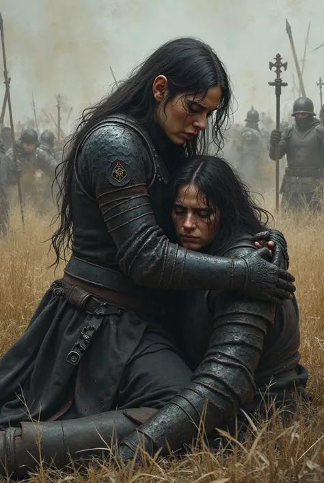 a half elf medieval soldier woman wearing black scaled armor kneeling in a field crying and hold a dead comrade while also being covered in blood war going on all around her