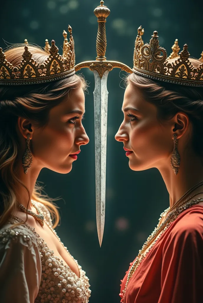 Remove the crowns. A dramatic image of two women facing off against eachother. They're dressed in beautiful dresses but they're not wearing crowns. Between them is a majestic sword hanging mid airand on top of the sword is a beautiful crown. The women have...