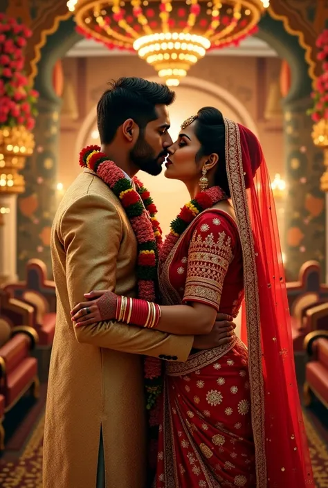 Indian bride wearing garland kissed a guy in his lips. The groom wearing a garland is watching his wife kissing another person by standing besides her. 