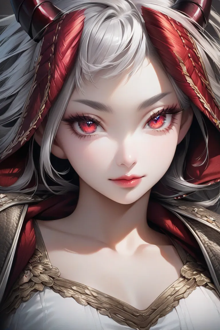 Bust up composition seen from the front。A woman with silver hair and red eyes with black horns up to her shoulders smiled。beautiful eyelashes and thin eyebrows、 Soft Pink Lips 。Top quality and image quality、Realistic colors and textures。