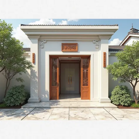 Simple Chinese style villa、Single building、front、Copper decoration on the left and right sides of the door、The entrance building is two stories high、Simple copper plate on the top、bright marble tiles