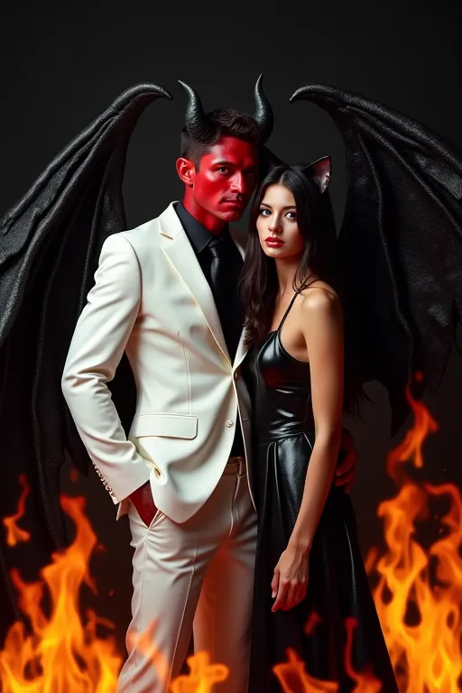 Male devil red skin, black horns, black wings, white suit, female with dark hair cat ears and wings black leather flames all around black background 