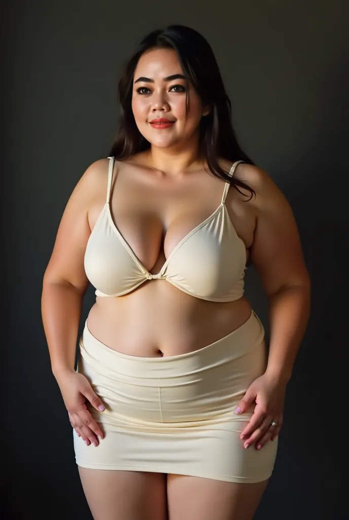 woman wearing cream bra and cream colored thigh skirt, bbwchan, chubby arms, chubby cheeks, big breasts, naked, chubby hips, chubby stomach, chubby thighs, full body pose, Indonesian mature woman, Indonesian girl, Nene Tanaka body, Marina body shiraishi. B...