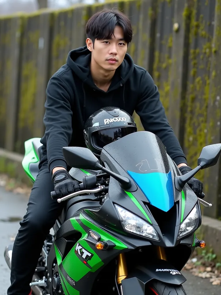 "A Korean man with a parted haircut sits confidently on a sleek Kawasaki Ninja sportbike. He wears a black hoodie and fingerless gloves, gripping the handlebars with a street racer vibe. In front of him, a KYT helmet with a reflective blue visor rests on t...