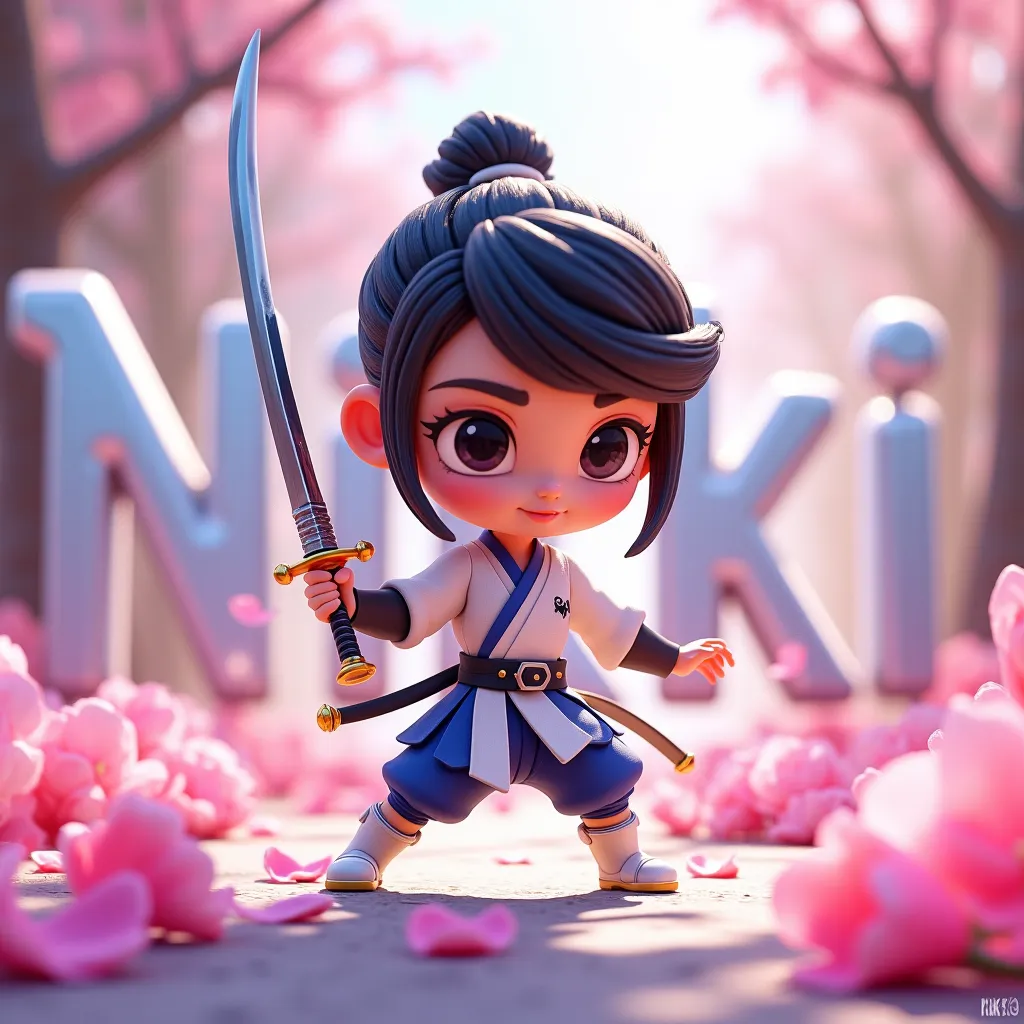 Ultra-detailed 3D cartoon image, a little cute girl warrior, combat posture, katana, white and blue fabrics, Pink flower petals. Written : "nikki” in big letters legible behind her with the reflections of bright silver light in the background