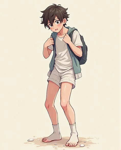 (19-20s looking young man) (Slender body, tone white, thick thighs, no shoes or socks) (eyes color;ambar) (Cock between legs;balls exposed too) (embarrassed face looking at the floor, excited looking) (Femenine cloths) (Style; Comic, Anime BOY, Graphic Dig...