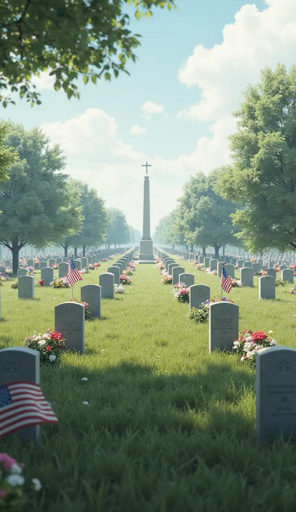 Wide shot of the cemetery with flowers and flags.