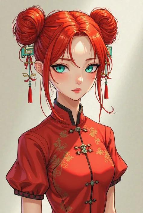 Girl with red hair tied up in two rolls,thin turquoise eyes,Chinese red dress with short sleeves, Serious Look T-Shirt,Drawing style