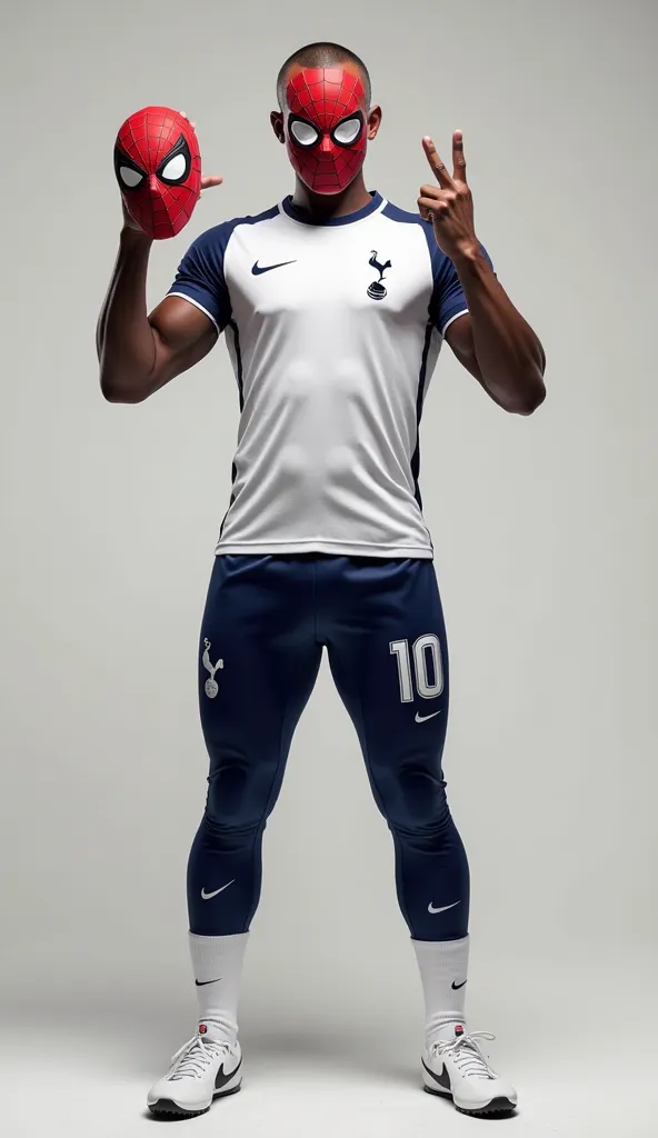 create a full body image,  FULL BODY making with one hand and fingers the letter M holding with a Spiderman mask with his other hand Man 27 years old,buzz cut,athletic and muscular body, And the marked mandible,, Wearing the Tottenham Football Club white l...