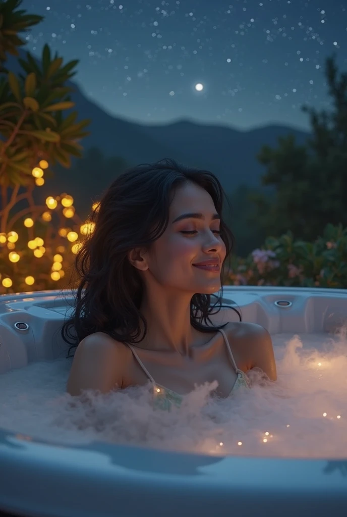 Beneath a Starry Sky: As night falls, (a beautiful 23yr old Colombian woman:1.4), 42dd firm natural breast, dark hair, athletic hourglass figure, relaxes in a luxurious jacuzzi, steam rising around her. She closes her eyes, enjoying the warmth and gazing a...