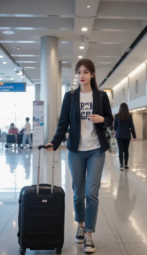 a middle profile shot of a Japanese girl happily pulling luggage on back , Unwilling to look at the camera, (smiling:1.5), and walking in a grand airport terminal, movie grading,   color code 3e62ad casual wear, lively, dramatic, ( Movie light , depth of f...