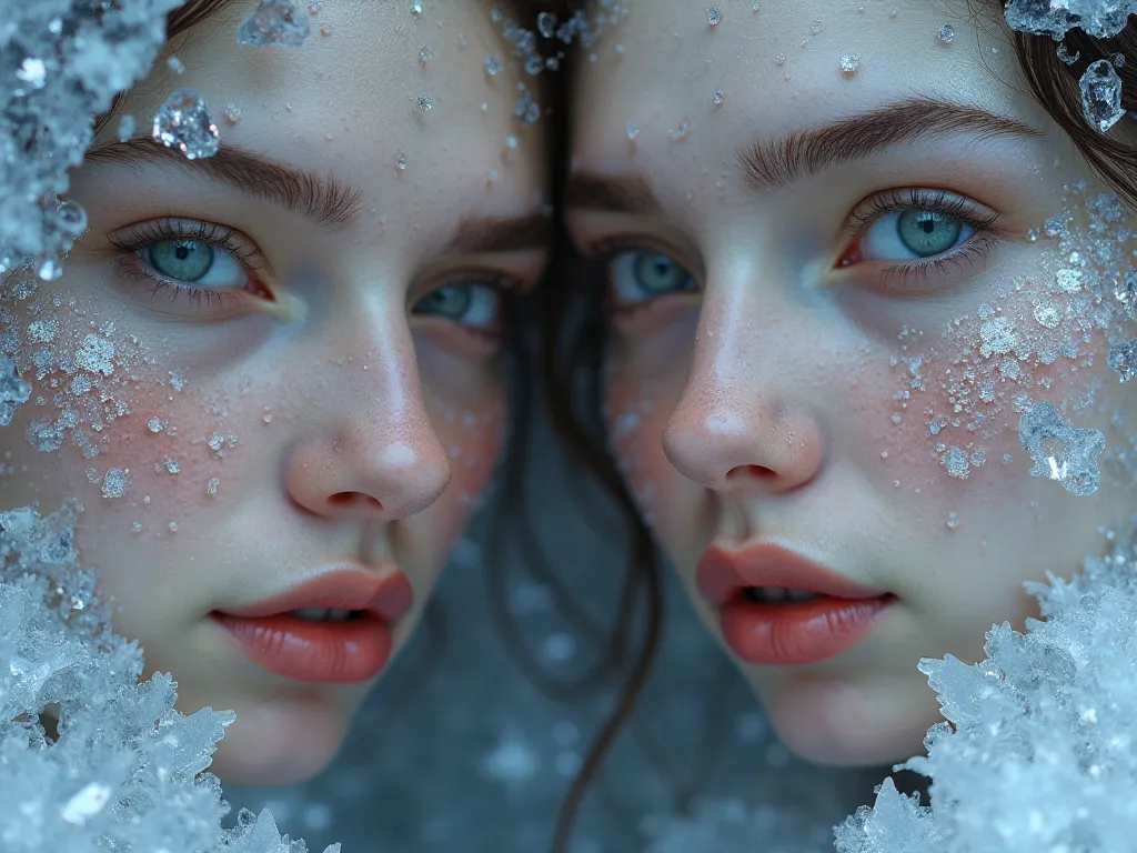 close up on a two beautiful girls face with ice in her eyes very detailed ultra realistic 