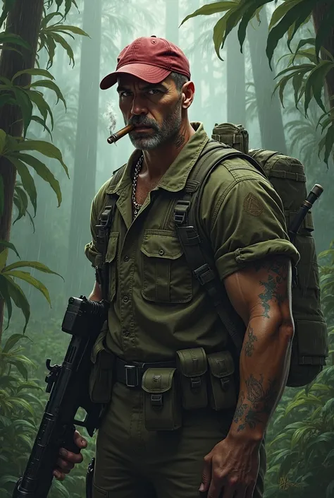 a realistic game character, male 40 years, muscular, buzz cut hair black, a marine red cap, smoking a Cuban cigar, burn mark on his neck, wearing a jungle jacket, belt weapon gears, a brown trousers, jungle boots, carry rifle gun, scars over his arms, back...