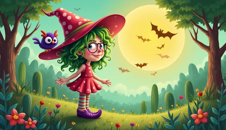 funny cartoon witch with green disheveled curly hair wearing a red white polka dot hat, multicolored socks, purple shoes and sits on the witch's shoulder with a purple funny fluffy crow with funny glasses and a red white polka dot bow, the forest is sunny ...