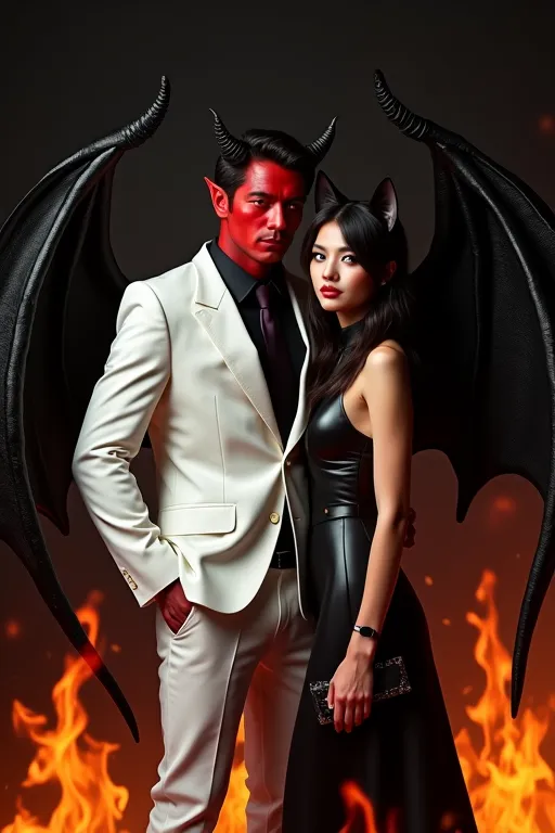 Male devil red skin, black horns, black wings, white suit, female with dark hair cat ears and wings black leather flames all around black background 