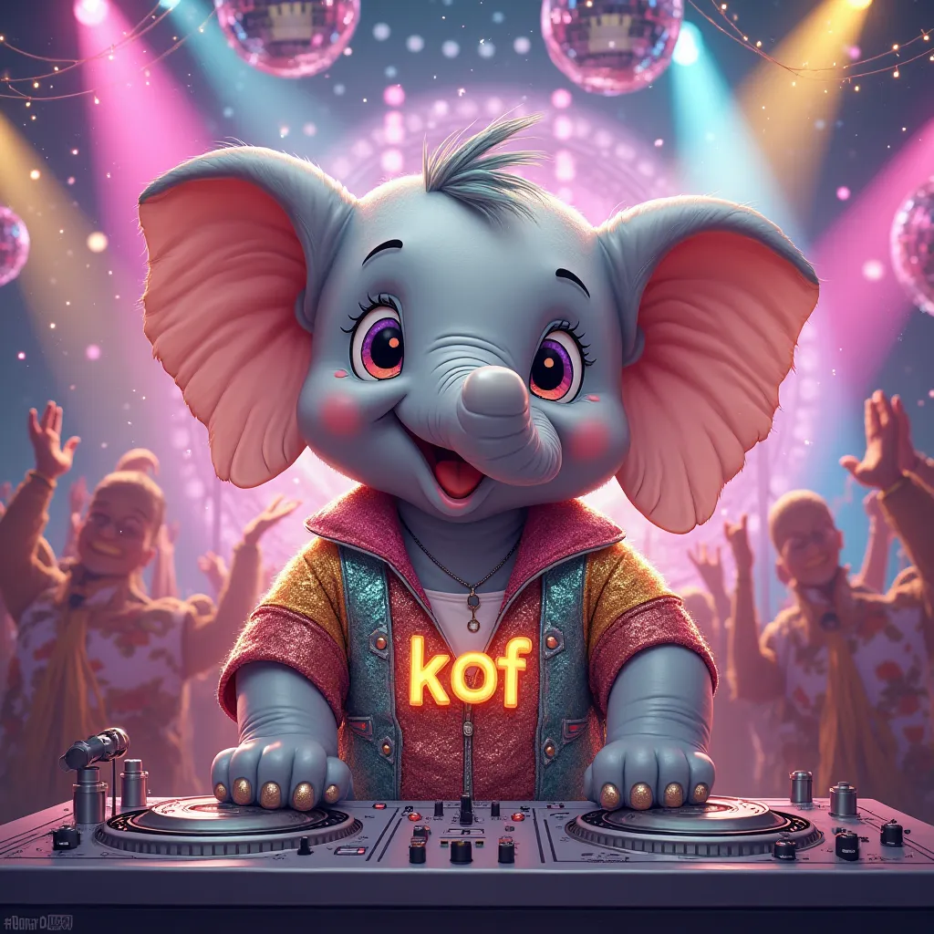 Cute elephant wears shirt with text "KOF" become a disco jockie 