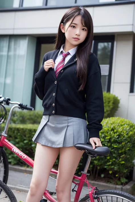 A schoolgirl in a miniskirt is standing next to a bicycle,The background is a panning shot.
