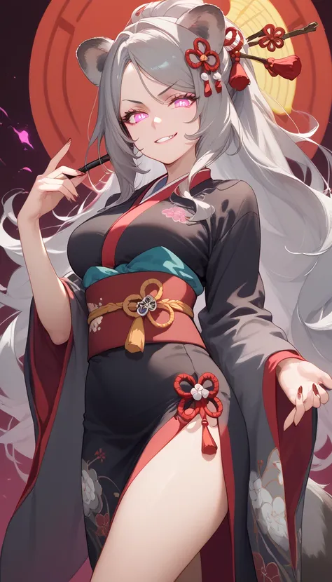 ((masterpiece)), 1girl, solo, long hair, grey hair, grey raccoon ears, grey raccoon tail, cute, evil smirk, looking at viewer, very young, black Kimono, crimson Kimono, multicolored Kimono, standing, mature woman, medium breasts, messy hair, pink eyes, glo...