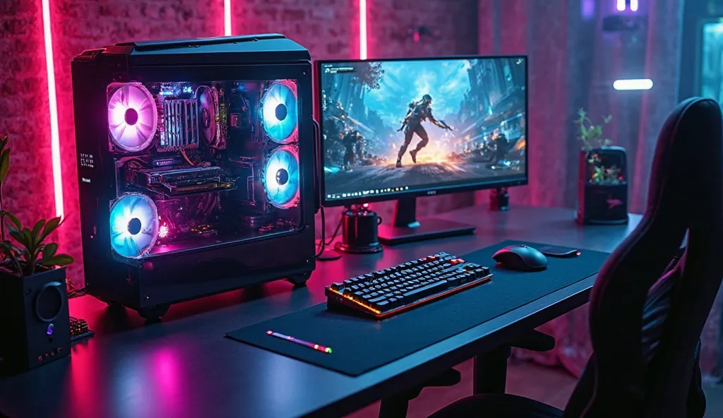 A high-tech gaming setup with a futuristic aesthetic. A powerful RGB-lit gaming PC with a transparent side panel showcasing high-end components, a mechanical keyboard with vibrant backlighting, a pro gaming mouse, and a dual-monitor display showing an inte...