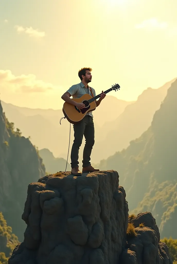 Standing on a rock with guitar singing