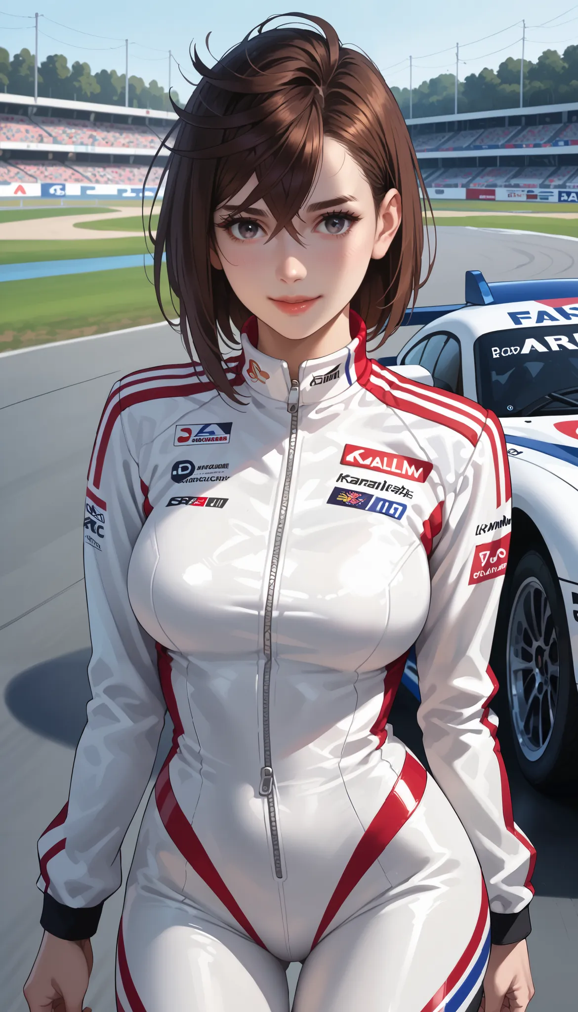 rape, Ayase Momo 18 years old standing in a leather Formula 1 racing suit, near a Formula 1 racing car, facing the camera, short dark hair, brown hair, gray eyes, bangs, medium breasts, calm face with a smile, race track in the background, soft evening lig...