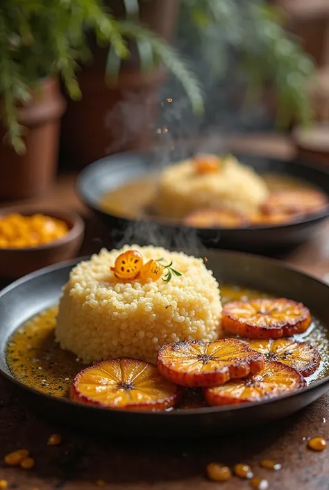 (Attiéké dish: cassava semolina)(Alloco dish: grilled plantain in an oil pan)