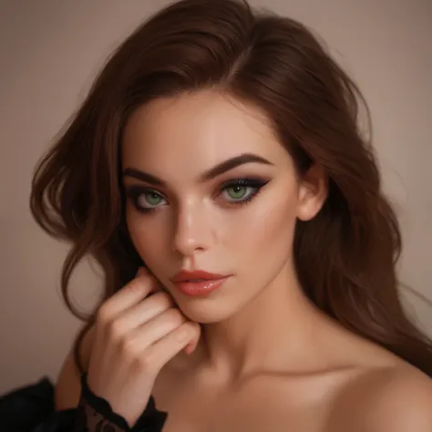 "A stunning close-up portrait of a young woman with mesmerizing green eyes, long voluminous dark brown hair, and flawless makeup. She has perfectly arched eyebrows, full lips with nude matte lipstick, and a confident expression. Her skin is smooth with a n...