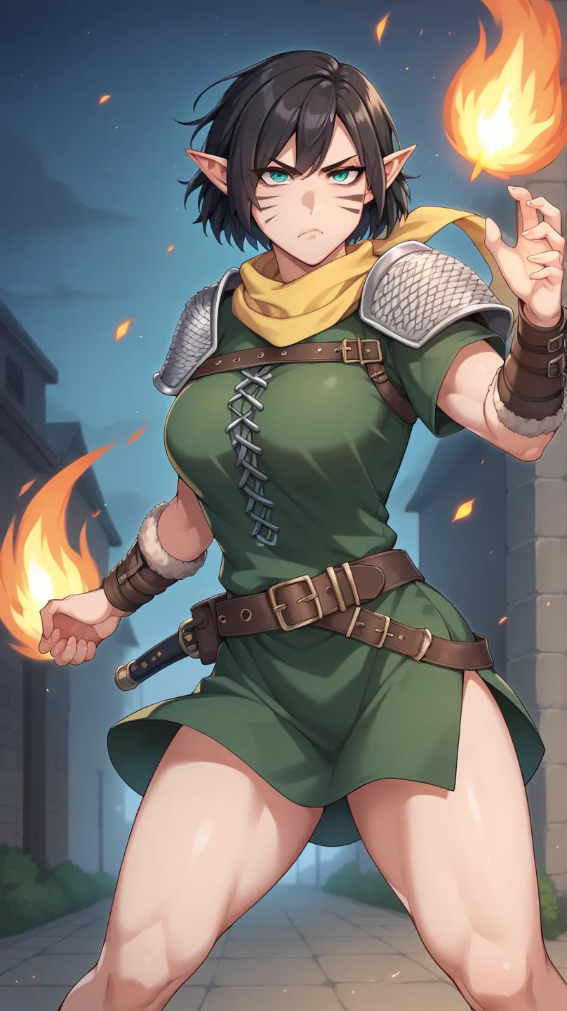 score_9, score_8_up, score_7_up, 1girl, solo,  SulfS-M3rr1LL, pointy ears, face tattoo, facial mark, short hair, black hair, green eyes,
chainmail sleeves,green tunic, yellow scarf, fur trimmed shoulder pads, leather bracers, belt,
serious face, action pos...