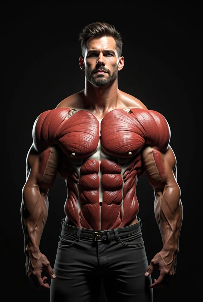 
"A highly detailed and realistic image of a sexy, muscular male upper body, showing ripped abs, broad chest, and strong arms. The man is pulling open his skin like a shirt, revealing his internal muscles in an anatomical and artistic style. The image shou...