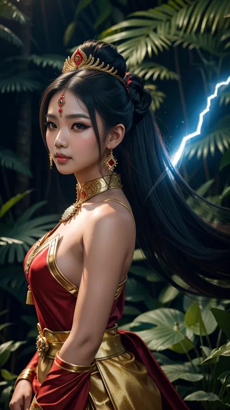 create a hyper realistic photo a beautiful indonesian woman as a hero in dynasty kingdom of majapahit, wearing small gold neklace like a queen, wearing red kemben ,long black hair with bun, doing floating meditation, energy bursts from around of her body, ...