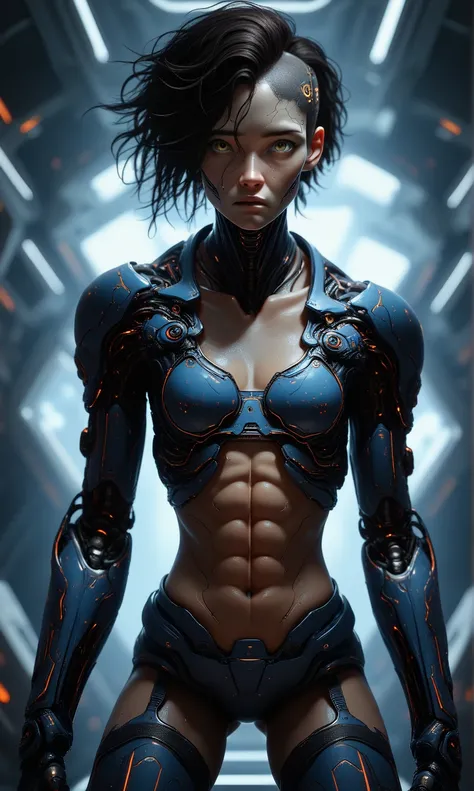 cyborg head, skull biotech  , cyberpunk style photo, (cowboy shot), cyborg androgyne male trans, very short haircut, ash hair, muscular body, exoskeleton, combat armor, cleavage, midriff, posing, looking at viewer, space station, dark corridor, very dark, ...