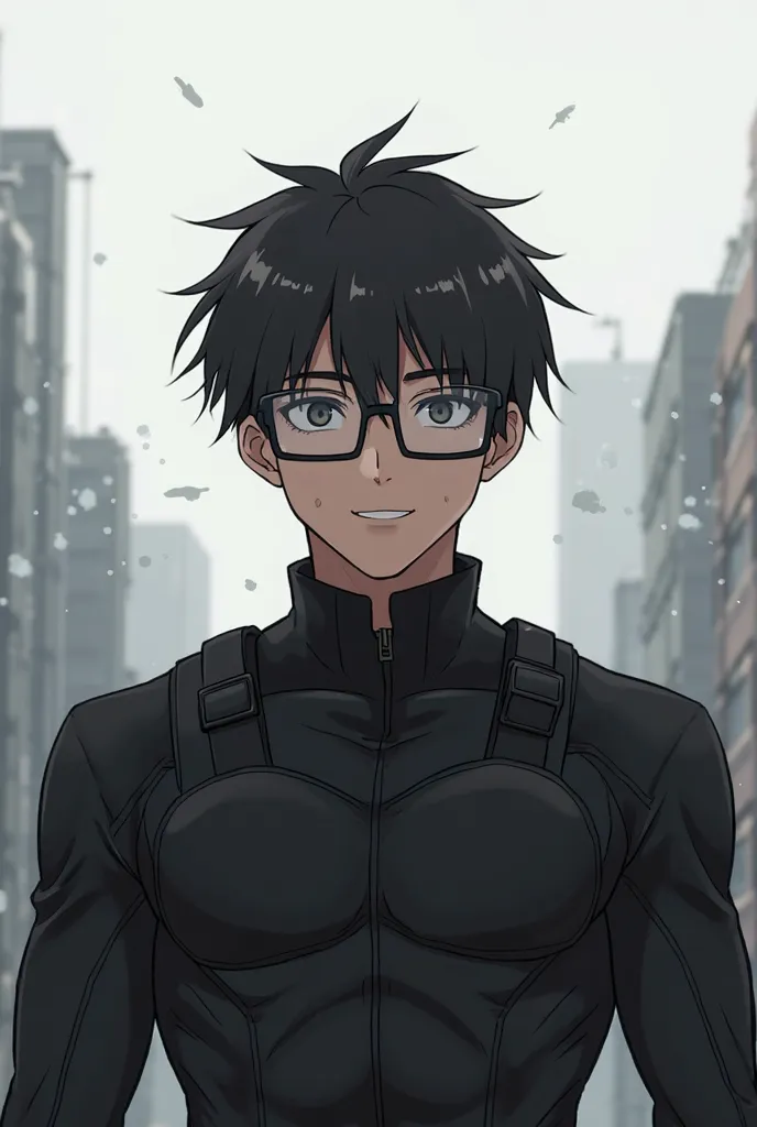 An anime guy with dark hair, in a black tactical suit, glasses, smiles innocently and nervously, he's embarrassed, a grey city in the background, slightly muscular body