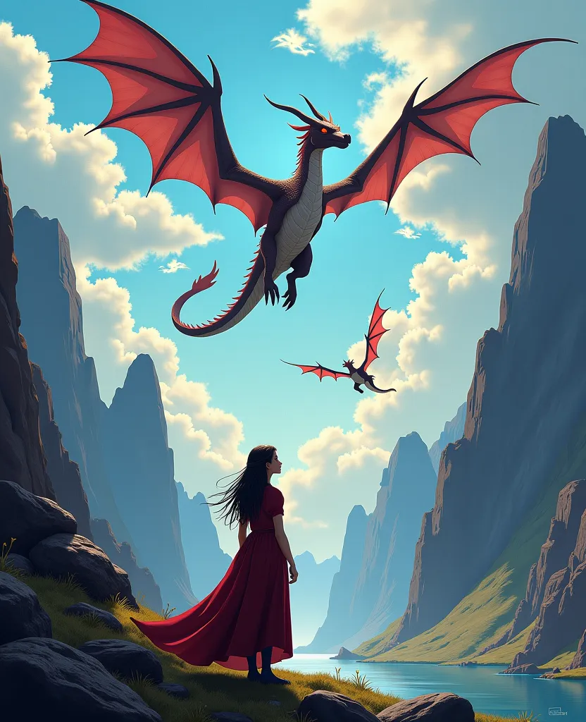 Create an image of Elara, with a sense of fulfillment, looking up at the dragons, knowing that her quest has forever changed their world.