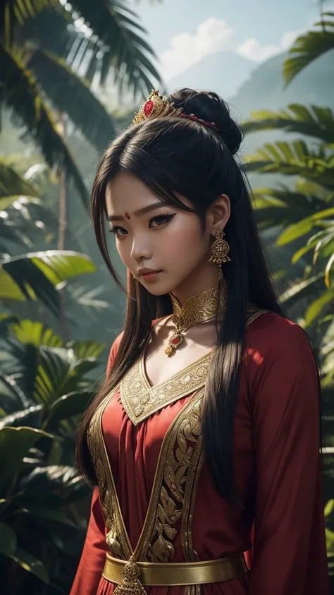 create a hyper realistic photo a beautiful indonesian woman as a hero in dynasty kingdom of majapahit, wearing small gold neklace like a queen, wearing red kemben ,long black hair with bun, doing floating meditation, energy bursts from around of her body, ...