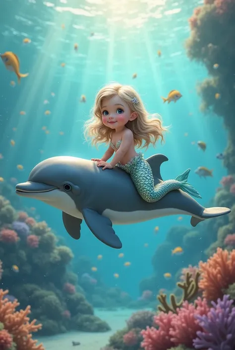 real beautiful cute baby mermaid on riding real dolphin fish 