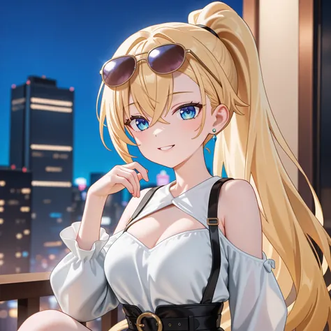 1 girl, Alone, Anatomically correct, the best quality, high resolution, quality, long hair, blond hair, crossed bangs, One-sided ponytail,  breasts, crystal earrings,  smile, blue eyes,  Feet out of frame, general plane, city, sunglasses,  animated,  ANIMA...