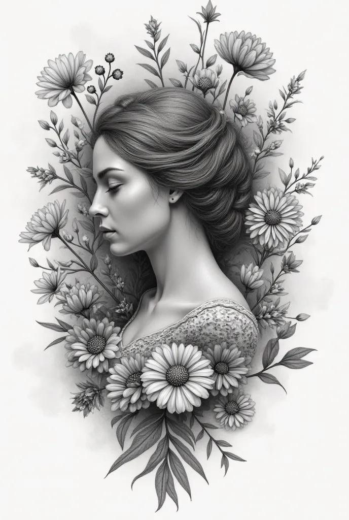 Make me a realistic tattoo template with a justice in the side view and lots of flowers. with marigold, violet and aster. It should be black and white but not too deep black.mache das tattoo feminin