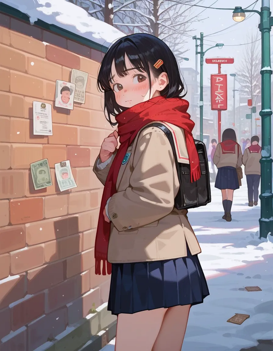 Youngface,  school uniform, red scarf,   black hair,winter, meeting, blush cheeks , Photorealistic ,Prostitute, Uncensored erotic pictures,Butt
