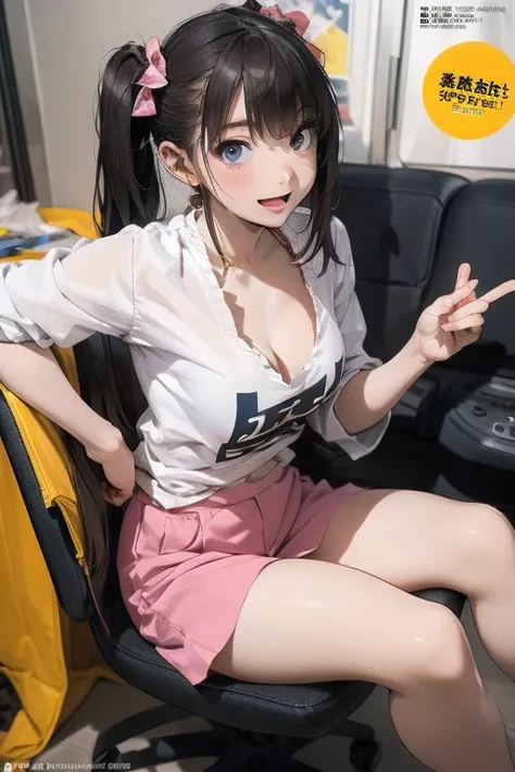 Amazing Cleavage:1.3, thin waist, big ass, Raised sexy, mid breast: 1.2 posed cleavage:1.2、,(masterpiece), (best quality), detailed, a otaku girl, soro, twintails,  wavy hair twintails.hairs between eyes,dark blue eyes ,smile, masterpiece, best quality, ne...