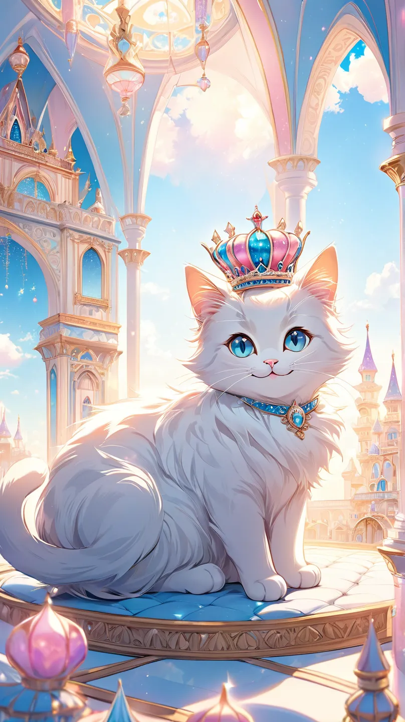 The world of cute and gentle software,  fluffy, pastel color, warm fantasy art,  Fantastic、cat、solo、 there are no humans,  has a lot of white space,  smiles、Background is blue、palace、crown、