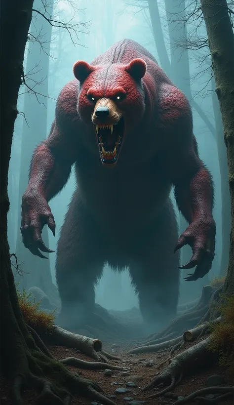 A monstrous hybrid creature stands in the shadowy, fog-covered forest, blending the terrifying features of a colossal bear and a massive red snake. Its body is a fusion of thick, matted fur and glistening crimson scales, with powerful bear-like limbs endin...