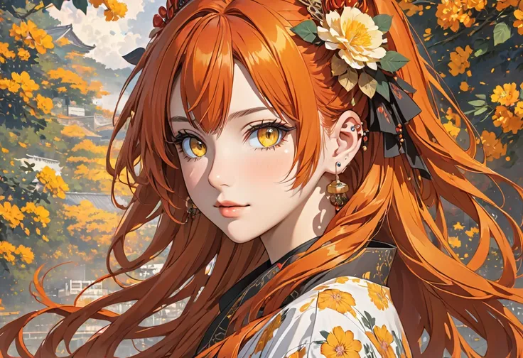 a beautiful female anime image of a girl with piercings on her ears, neck and body with red hair, 1girl, solo,yellow eyes, long hair, looking at viewer,orange hair, hair, hair ornament, upper body,