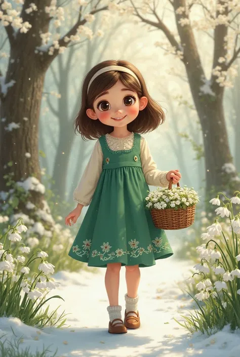 A young girl, likely Asian or Caucasian, around 6-, is depicted in a lush, springtime forest. She is positioned slightly to the left of center, facing the viewer.  She has shoulder-length, brown hair styled with a light brown headband, and large, expressiv...