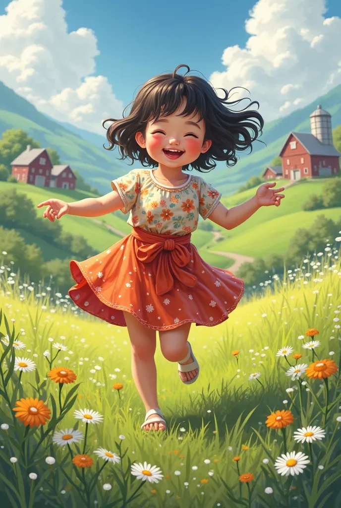 Draw me a picture , chubby asian girl dancing in a meadow farm land