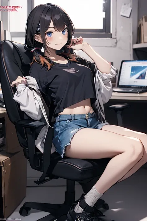 Amazing Cleavage:1.3, thin waist, big ass, Raised sexy, mid breast: 1.2 posed cleavage:1.2、,(masterpiece), (best quality), detailed, a otaku girl, soro, twintails,  wavy hair twintails.hairs between eyes,dark blue eyes ,smile, masterpiece, best quality, ne...