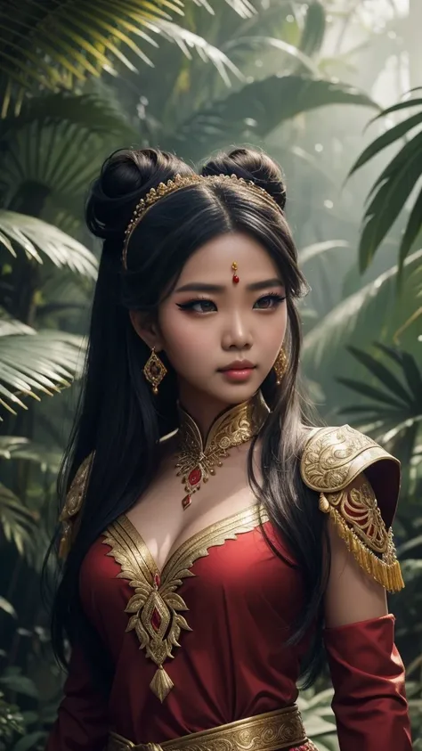 create a hyper realistic photo a beautiful indonesian woman as a hero in dynasty kingdom of majapahit, wearing small gold neklace like a queen, wearing red kemben ,long black hair with bun, doing floating meditation, energy bursts from around of her body, ...