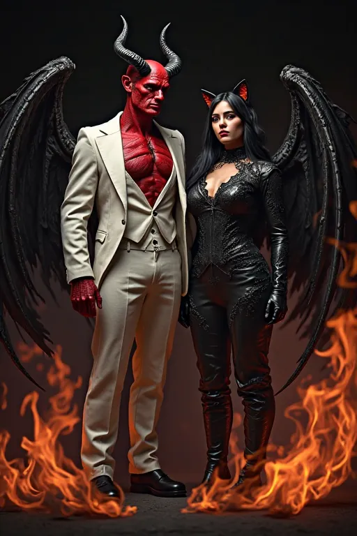 Male devil red skin, black horns, black wings, white suit, female with dark hair cat ears and wings black leather flames all around black background 