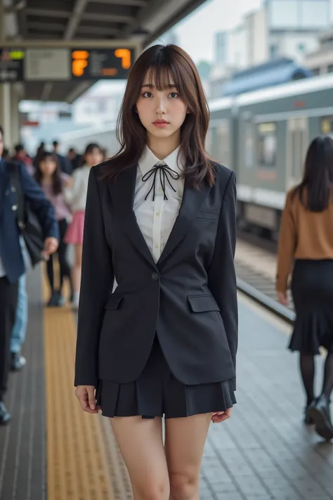 　 best image quality、score_9,  score_8_ up 、masterpiece、1 Japanese woman , beautiful woman、high school girl、uniform、 blazer、miniskirt、full body、thick thighs、lure、 station platform、 Panchira