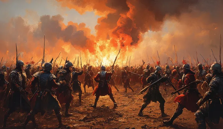 An oiled painting depicts 16th-century Ottoman army vs Holy Roman Empire army, war, fire, cannon